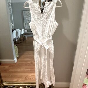 Trina Turk Gentle worn white eyelet jumpsuit.